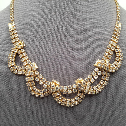 Vintage Looped Clear Rhinestone Necklace, Gold Tone, 1950s