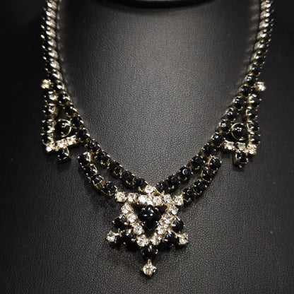 Vintage Black & Clear Rhinestone Festoon Necklace, Rhodium Plating, 1950s