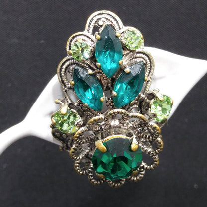 Western Germany Green Filigree Clip Earrings, Light Dark Green Rhinestones, 1950s Vintage Jewelry