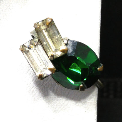 Vintage Green Clear Pendant Brooch Screw-back Earrings, 1940s Vintage Jewelry