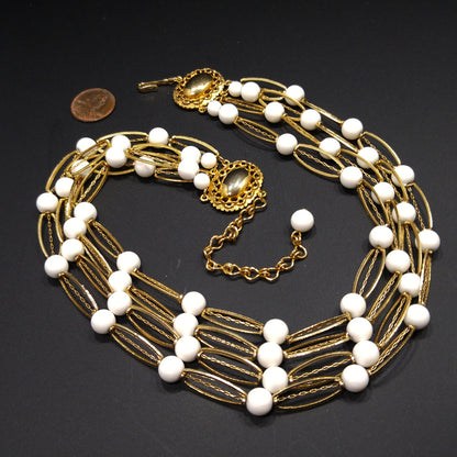 Kramer White Lucite 4 Strand Necklace, Gold tone, 1950s Vintage Jewelry