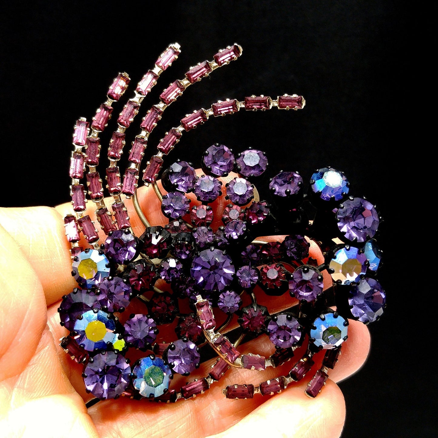 Purple Rhinestone Japanned Made in Austria Brooch, Aurora Borealis, 1960s Vintage