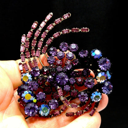 Purple Rhinestone Japanned Made in Austria Brooch, Aurora Borealis, 1960s Vintage