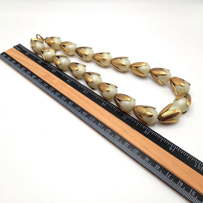 Lenora Dame Faux Pearl Necklace, Gold Tone Leaf Caps, Vintage Jewelry