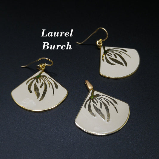 Laurel Burch Willow Earrings & Pendant, Creamy White Enamel, Gold Plated, 1980s Vintage Jewelry