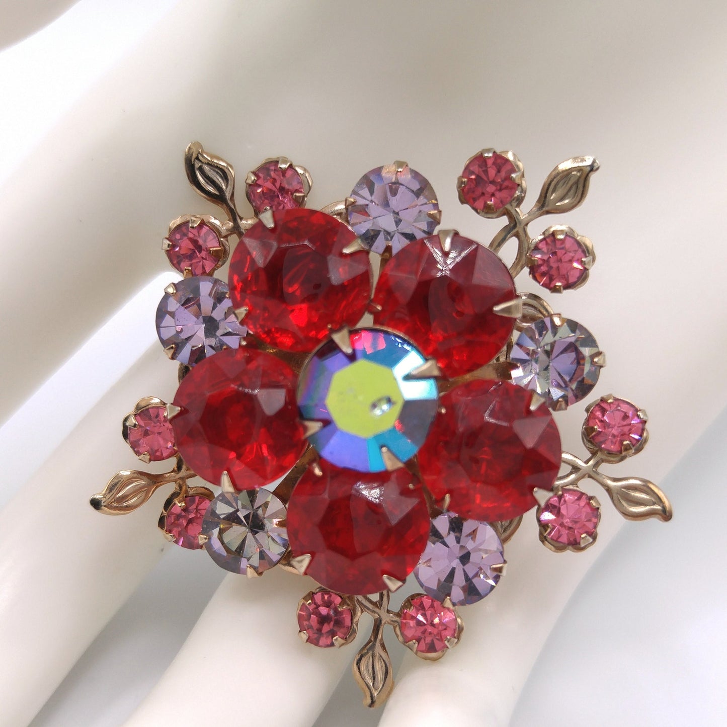 Aurora Borealis Red Pink Lavender Floral Brooch, Riveted Construction, Gold Tone, 1950s Vintage Jewelry