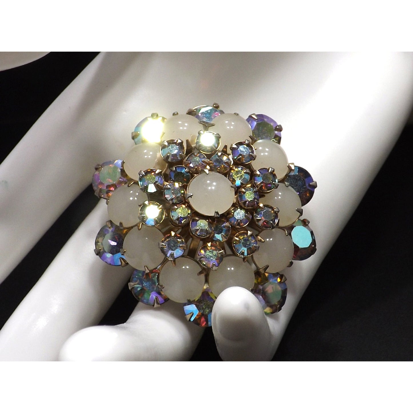 Aurora Borealis Domed Floral Brooch, Riveted Construction, 1950s Vintage Jewelry