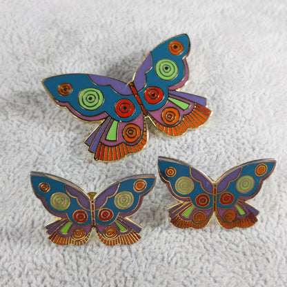 Laurel Burch "Summer Butterfly" Brooch & Earrings, Gold Plated Cloisonne' Enamel, 1980s Vintage Jewelry