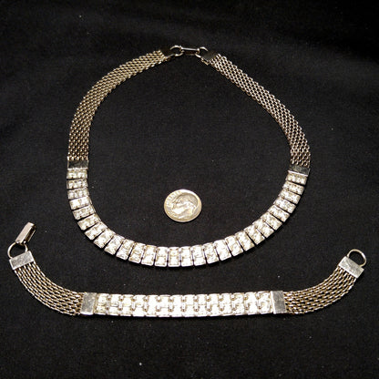 Art Deco Clear Rhinestone Choker Necklace Bracelet Set, Silver Tone Mesh, 1950s Vintage Jewelry