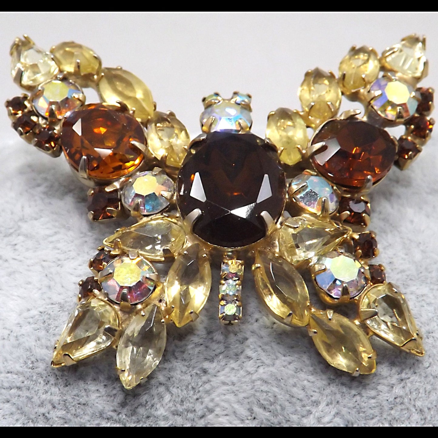 Vintage Butterfly Brooch D & E Juliana Style Rootbeer Rhinestones Yellow Open Back Aurora Borealis Rhinestones Gold Tone Vintage Jewelry