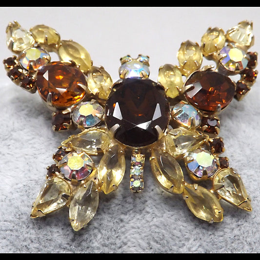 Vintage Butterfly Brooch D & E Juliana Style Rootbeer Rhinestones Yellow Open Back Aurora Borealis Rhinestones Gold Tone Vintage Jewelry