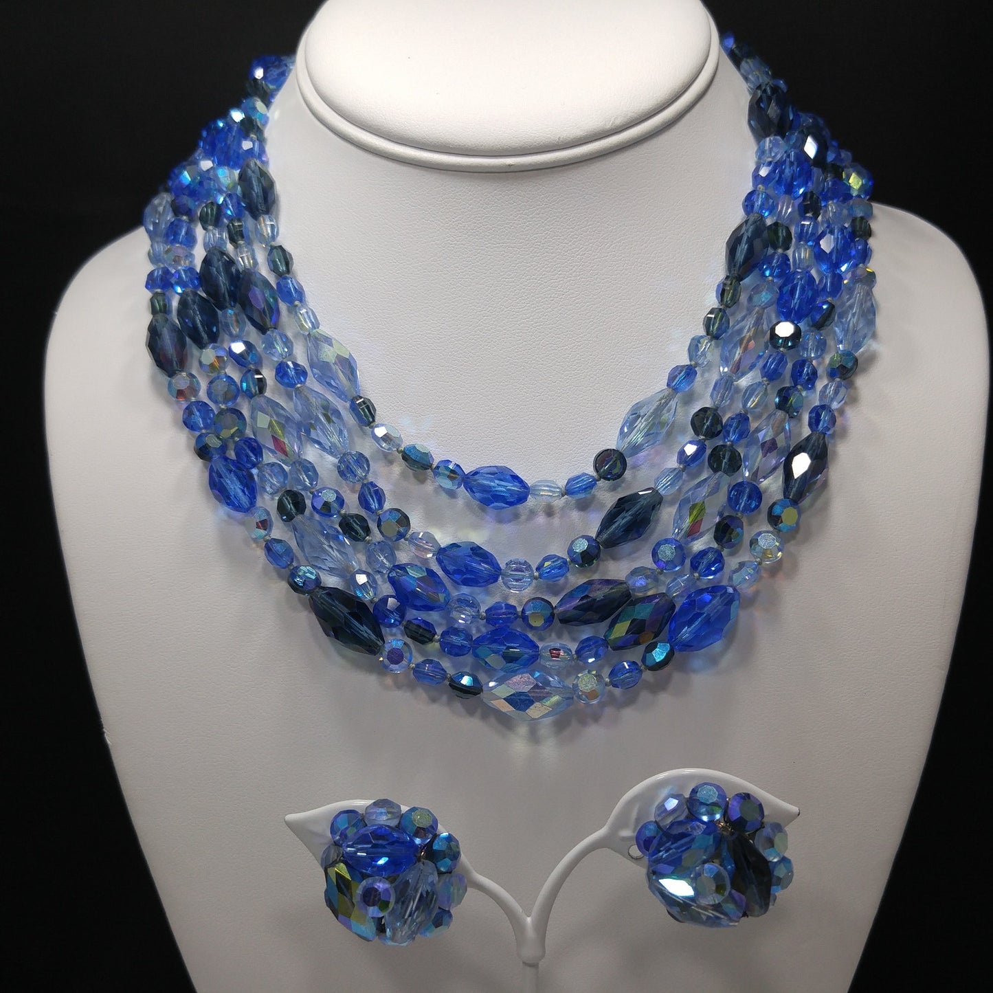 Vogue Blue Crystal Necklace & Earrings Set, Aurora Borealis, 1960s Vintage Jewelry
