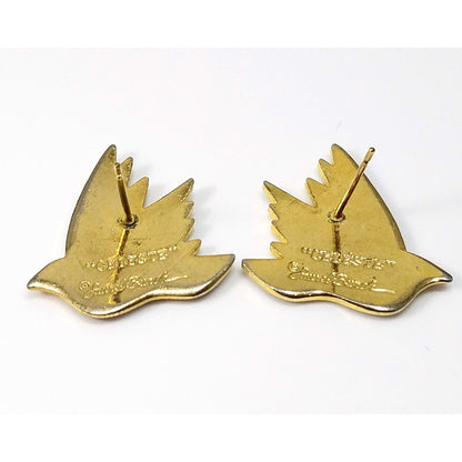 Laurel Burch "Celeste" Bird Earrings, Gold Plated Cloisonne Enamel, 1980s