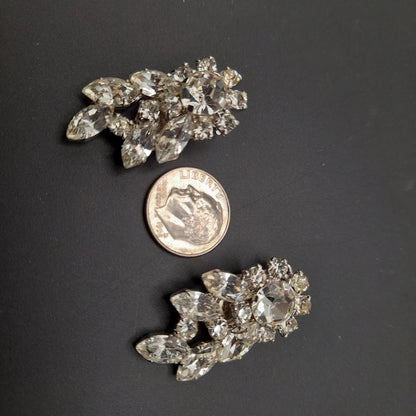 Clear Rhinestone Round Brooch Clip Earrings Set, Wedding Holiday Jewelry, 1950s Vintage Jewelry