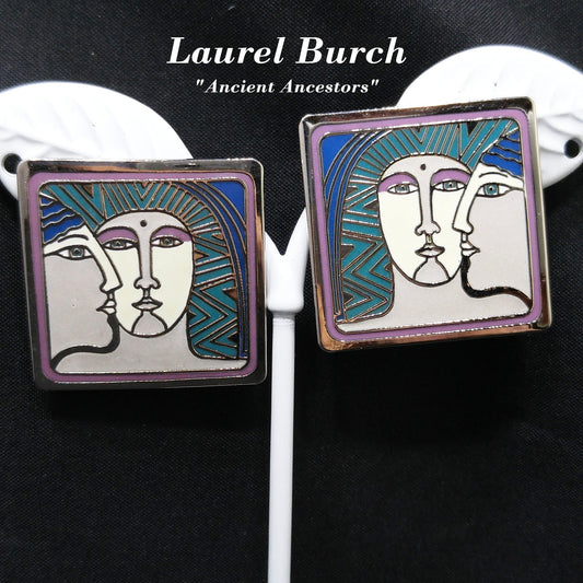 Vintage Laurel Burch "Ancient Ancestors" Post Earrings, Rhodium Plated