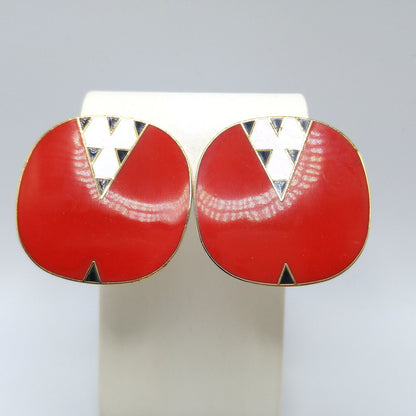 Laurel Burch "Mantra" Large Clip Earrings, Red White Black Enamel, Gold Plated, 1980s Vintage Jewelry