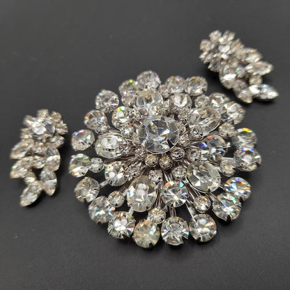 Clear Rhinestone Round Brooch Clip Earrings Set, Wedding Holiday Jewelry, 1950s Vintage Jewelry