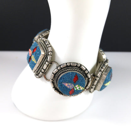 Art Crafted Five Linked Bracelet, Silver Tone, Iridescent Design, 1960s Vintage Jewelry