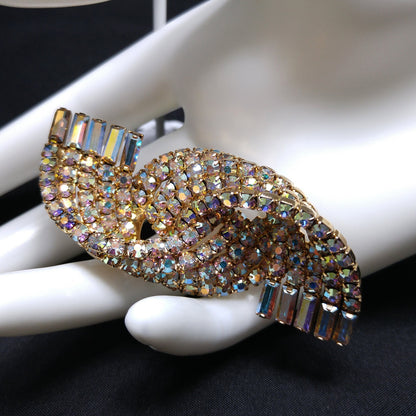 Mid-century Modern AB Rhinestone Brooch Earrings, Gold Plated, 1960s Vintage Jewelry