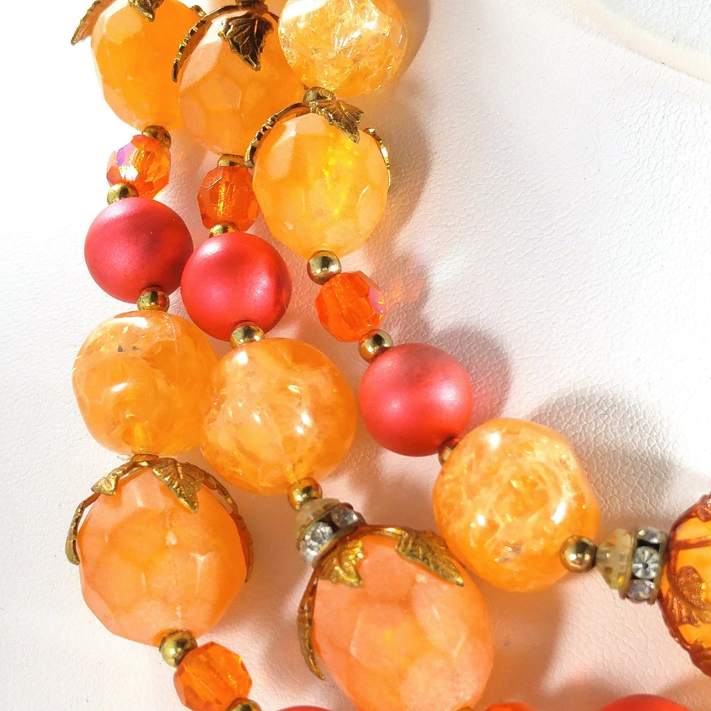 Deauville Lucite Beaded Necklace, 1950s Orange Red 3 Strand Vintage