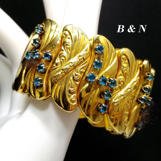 Bugbee & Niles Expansion Bracelet, Turquoise Rhinestones, 1940s Vintage Jewelry