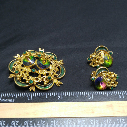 Watermelon Rivoli Rhinestone Brooch & Earrings, Gold Plated, 1960s Vintage Jewelry