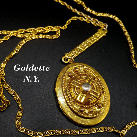 Goldette Large Locket Necklace, Gold Plated, Two Strands, 1950s Vintage Jewelry