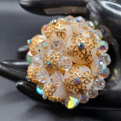 Vintage Crystal Bead Brooch, Aurora Borealis, Art Glass Globes, Filigree End Caps, 1960s Vintage Jewelry