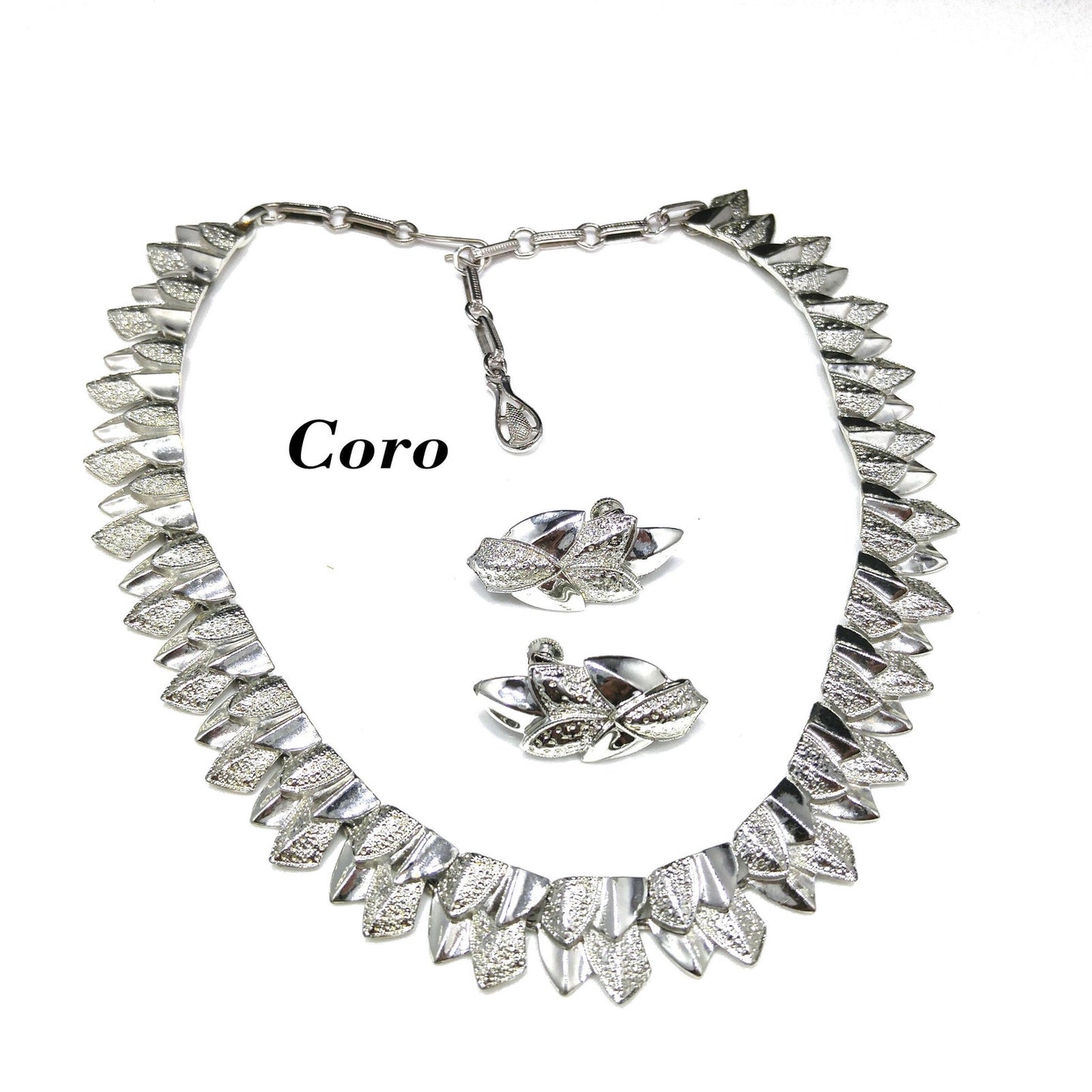 Coro Textured Smooth Leaf Necklace & Earrings, Rhodium Plated, 1950s Vintage Jewelry