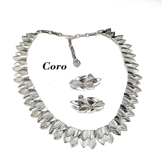 Coro Textured Smooth Leaf Necklace & Earrings, Rhodium Plated, 1950s Vintage Jewelry