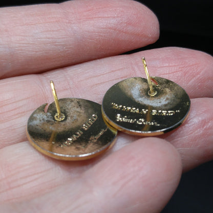 Laurel Burch "Mynah Bird" Blue Post Earrings, Gold Plated Cloisonné, 1980s