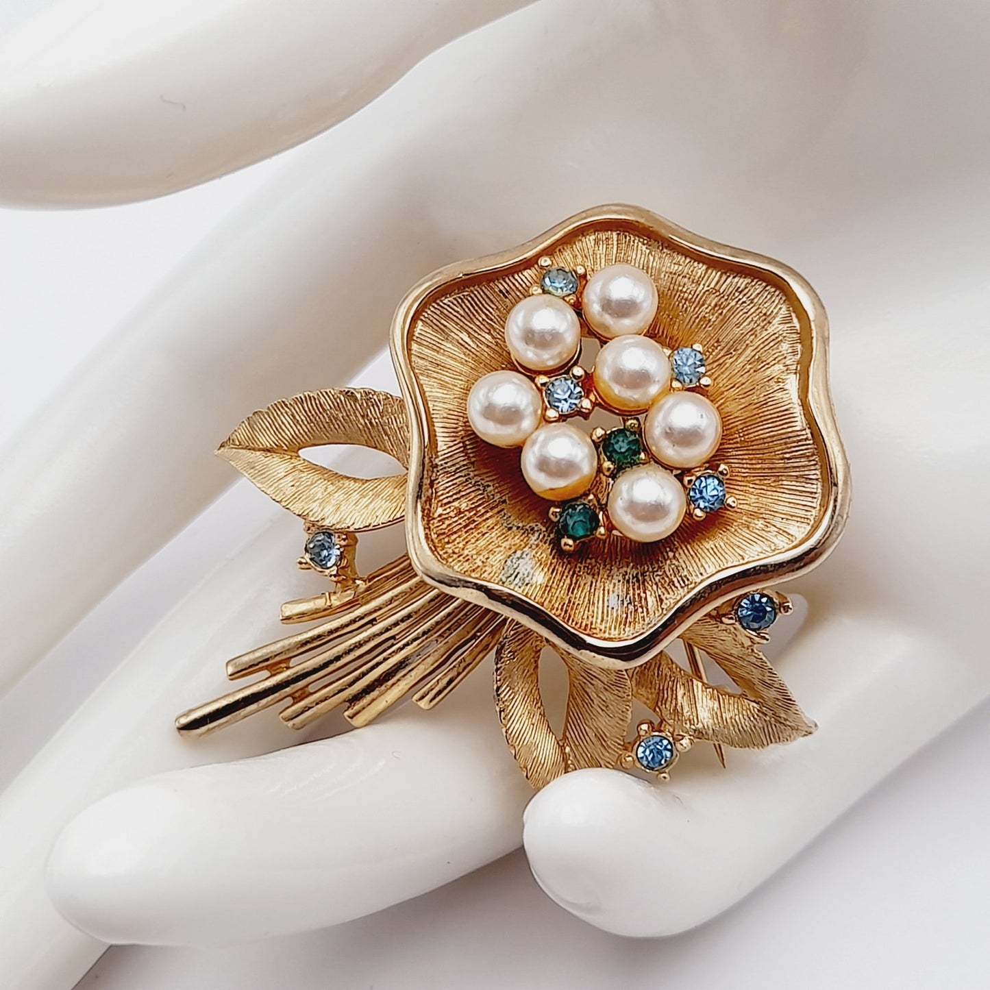 Vintage Ledo 1962 Floral Brooch, Gold Plated Faux Pearl Rhinestone Pin, Signed Mid Century Jewelry