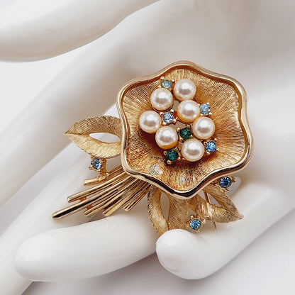 Vintage Ledo 1962 Floral Brooch, Gold Plated Faux Pearl Rhinestone Pin, Signed Mid Century Jewelry