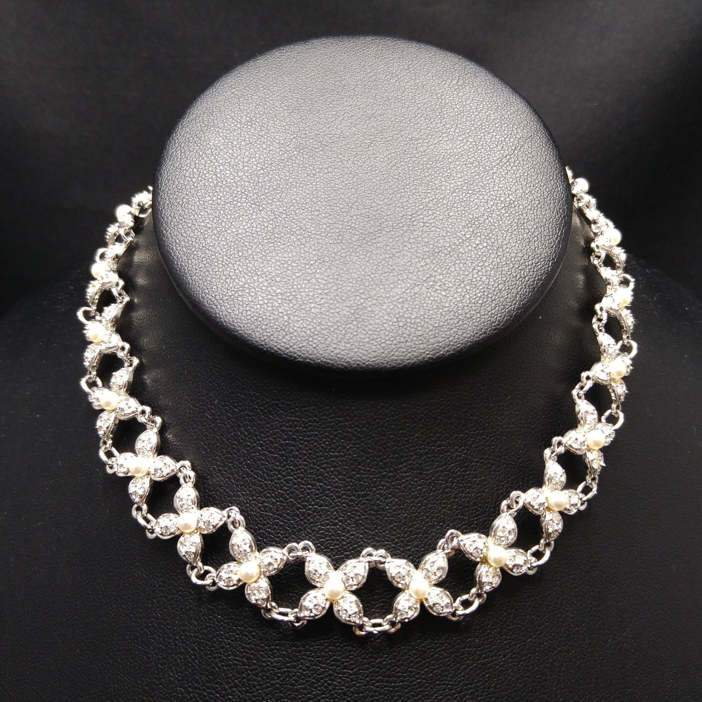 Vintage Swarovski Swan Logo Pearl Rhinestone Floral Choker Necklace 1990s