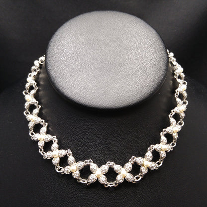 Vintage Swarovski Swan Logo Pearl Rhinestone Floral Choker Necklace 1990s