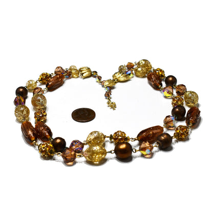 Vendome 1950s Two-Strand Topaz & Bronze Art Glass Necklace | AB Swarovski Crystals, Gold Filigree Beads, Signed Hook Clasp