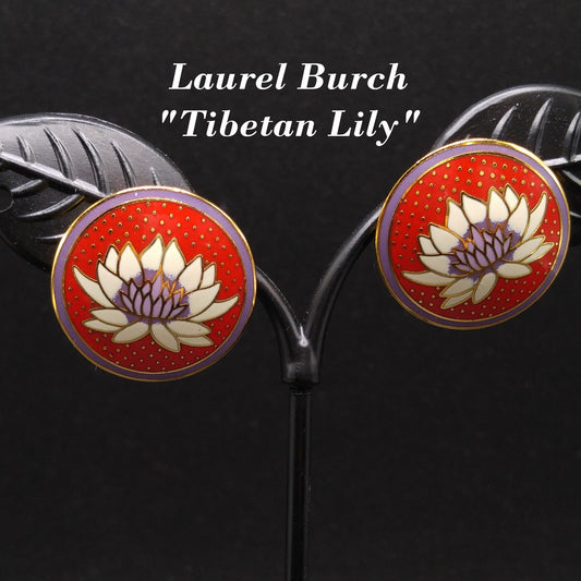 Vintage Laurel Burch "Tibetan Lily" Post Earrings, Red White Purple Enamel