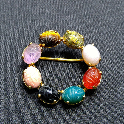 C. C. Gemstone Eight Scarab Brooch, 12K Gold Filled, Garnet Jadeite Quartz, 1950s Vintage Jewelry