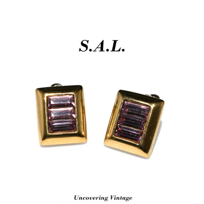 S.A.L. Swarovski Purple Crystal Small Clip Earrings, Gold Plated, Austrian Crystal, 1970s Vintage Jewelry