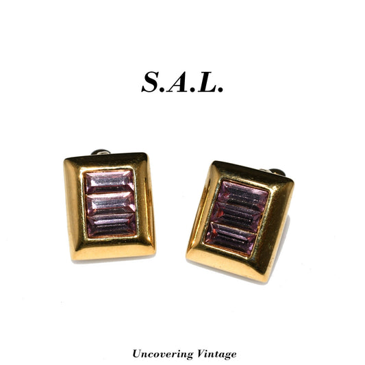 S.A.L. Swarovski Purple Crystal Small Clip Earrings, Gold Plated, Austrian Crystal, 1970s Vintage Jewelry