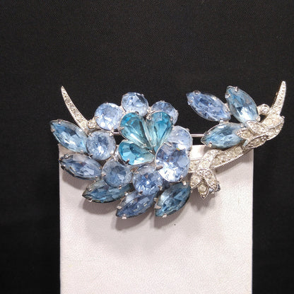Eisenberg Ice Blue Rhinestone Brooch, Rhodium Plated, 1960s Vintage Jewelry