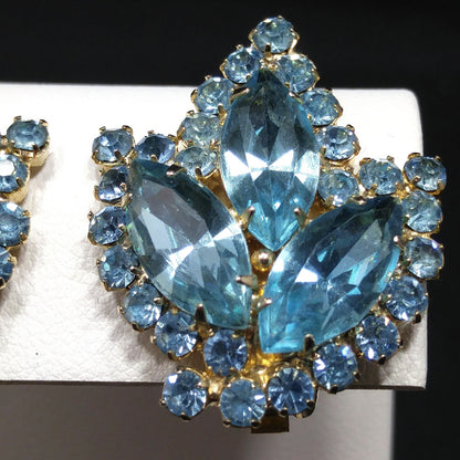 Weiss Light Blue Rhinestone Clip Earrings, Gold Plated, 1960s Vintage Jewelry