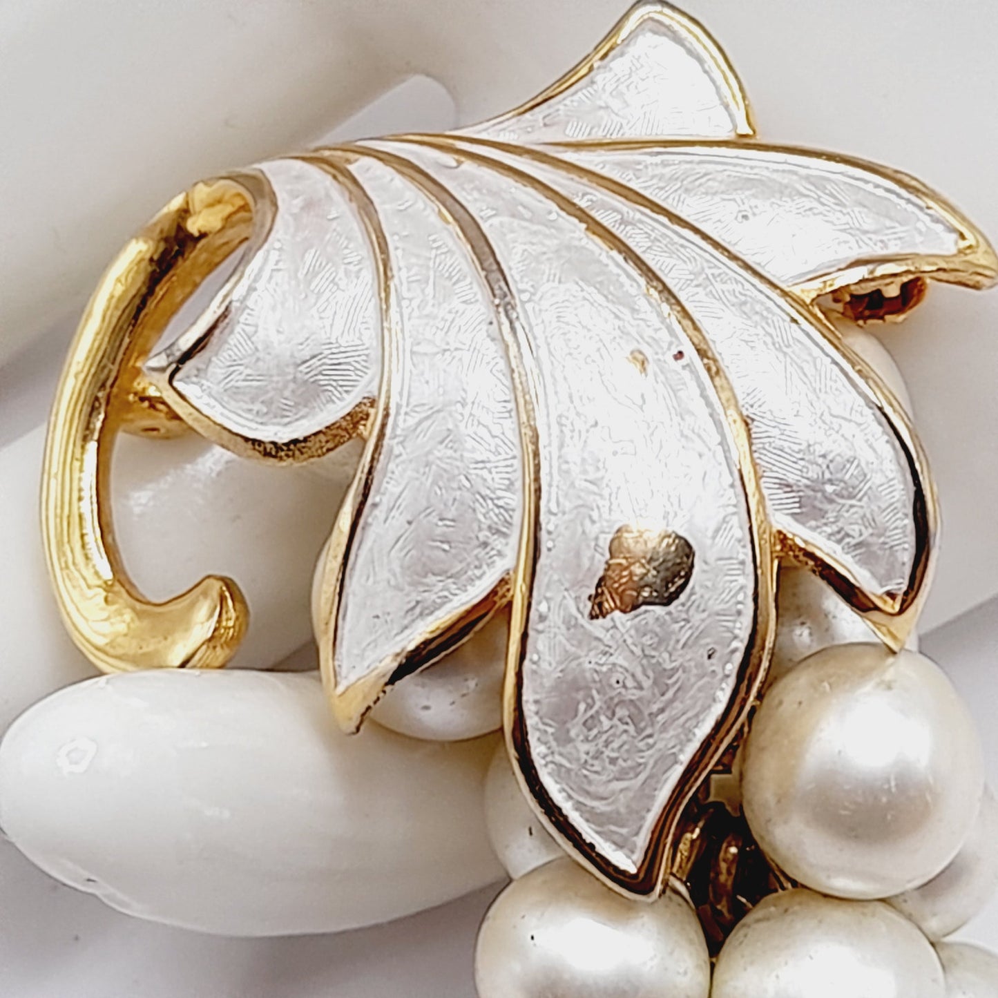Vintage Alice Caviness Grape Cluster Brooch, White Enamel Leaf, Faux Pearl Berries, Gold Tone Pin, Mid Century Jewelry