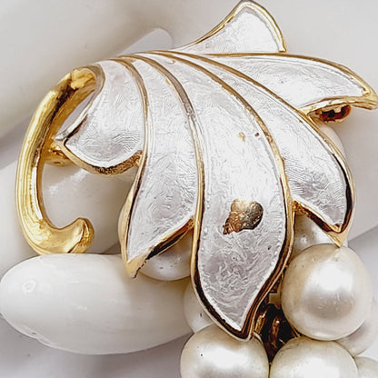 Vintage Alice Caviness Grape Cluster Brooch, White Enamel Leaf, Faux Pearl Berries, Gold Tone Pin, Mid Century Jewelry