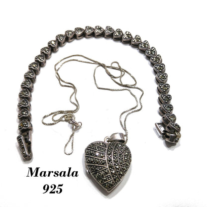 Marsala Silver Heart Locket Necklace & Bracelet, 925 Box Chain, 1980s Vintage Jewelry