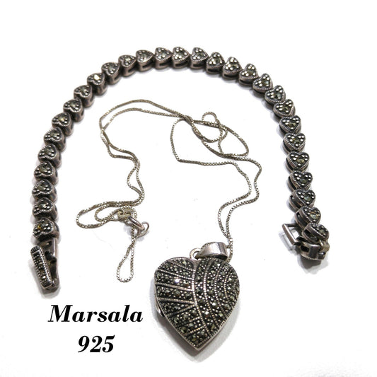 Marsala Silver Heart Locket Necklace & Bracelet, 925 Box Chain, 1980s Vintage Jewelry