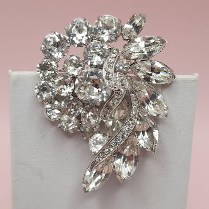 Vintage Clear Rhinestone Brooch, Rhodium Plated, 1960s, 2 1/4 Inches