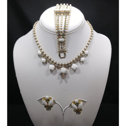 Vintage Milk Glass Jewelry Set, Necklace Bracelet Clip Earrings, Aurora Borealis, 1960s Vintage Jewelry