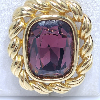 Swarovski S.A.L. Earrings, Purple Crystal Clip Ons, Gold Rope Design, 1970s Vintage Jewelry