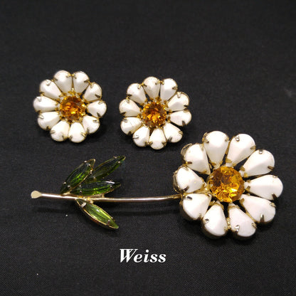 Weiss White Daisy Brooch and Earrings Set – 1950s Milk Glass & Amber Rhinestones